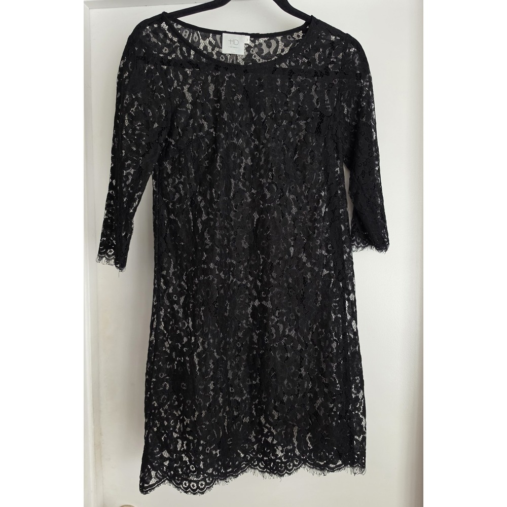 HD in Paris Black Floral Midi Dress XXSP 3/4 Sleeve Round Neck Classic